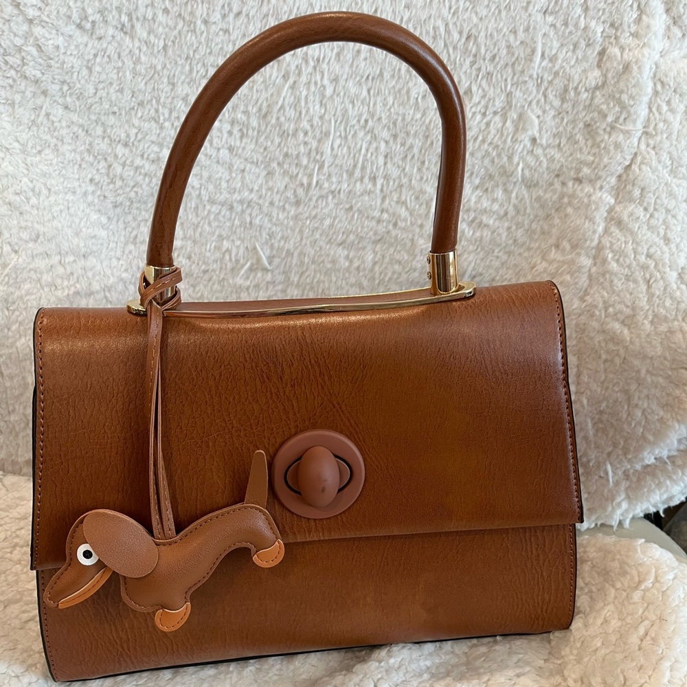 Chic Brown Satchel with Dog Charm